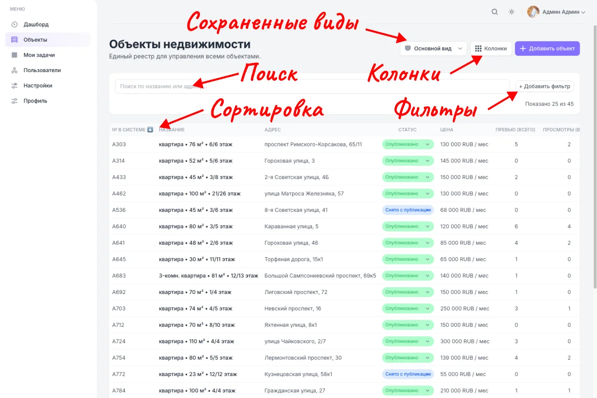 Скриншот таблицы с объявлениями